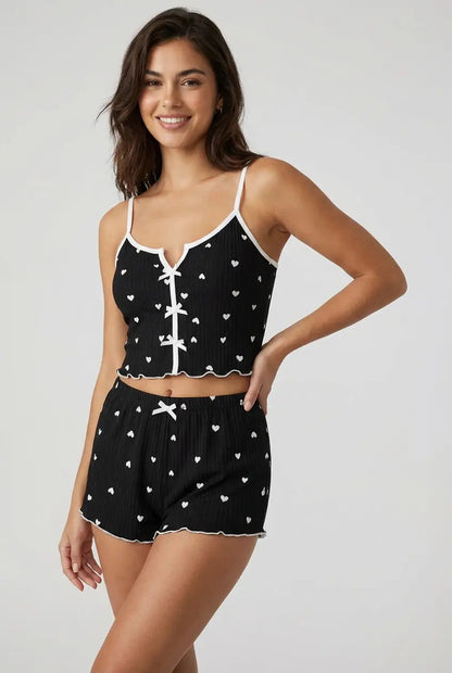Geribde Cami Pyjamaset – Hartjes – Zwart