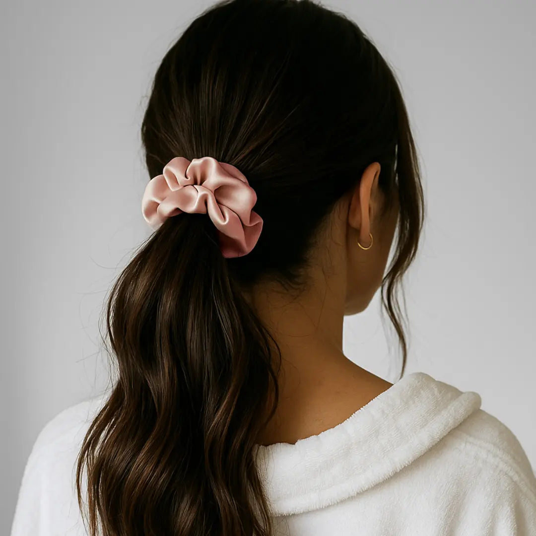 Zijden Scrunchie – Roségoud in het haar