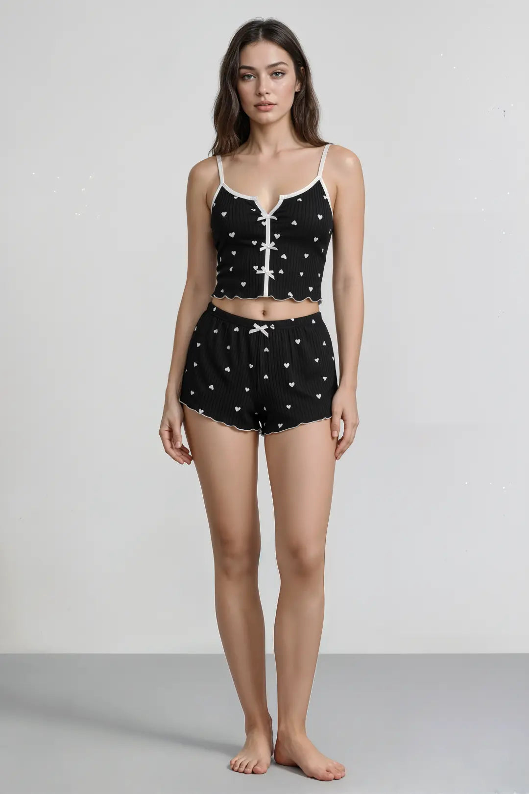Geribde Cami Pyjamaset – Hartjes – Zwart