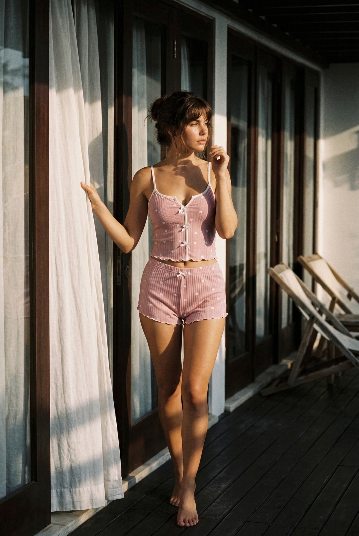 Geribde Cami Pyjamaset – Hartjes – Roze
