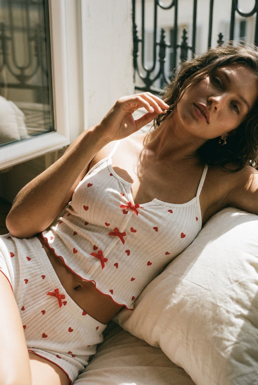 Geribde Cami Pyjamaset – Hartjes – Wit met rode hartjes