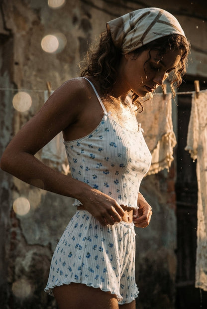 Katoenen Cami-set – Bloemetjesprint – Blauwe bloemetjes