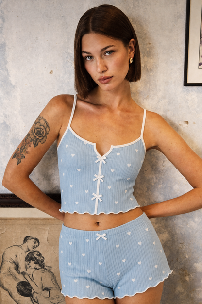 Geribde Cami Pyjamaset – Hartjes – Lichtblauw